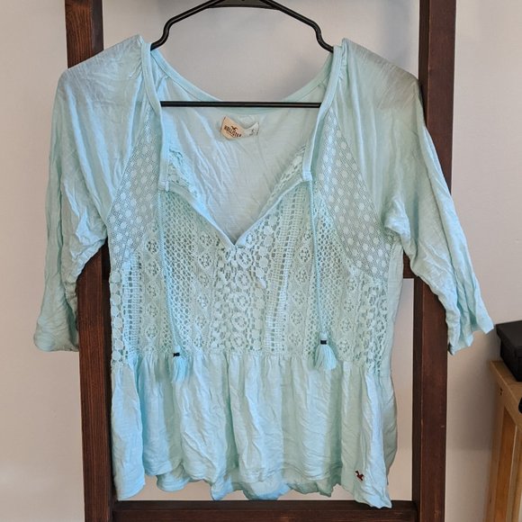 Hollister Lace Light Turquoise Top with Tassels and 3/4 Length Sleeves - Picture 1 of 7